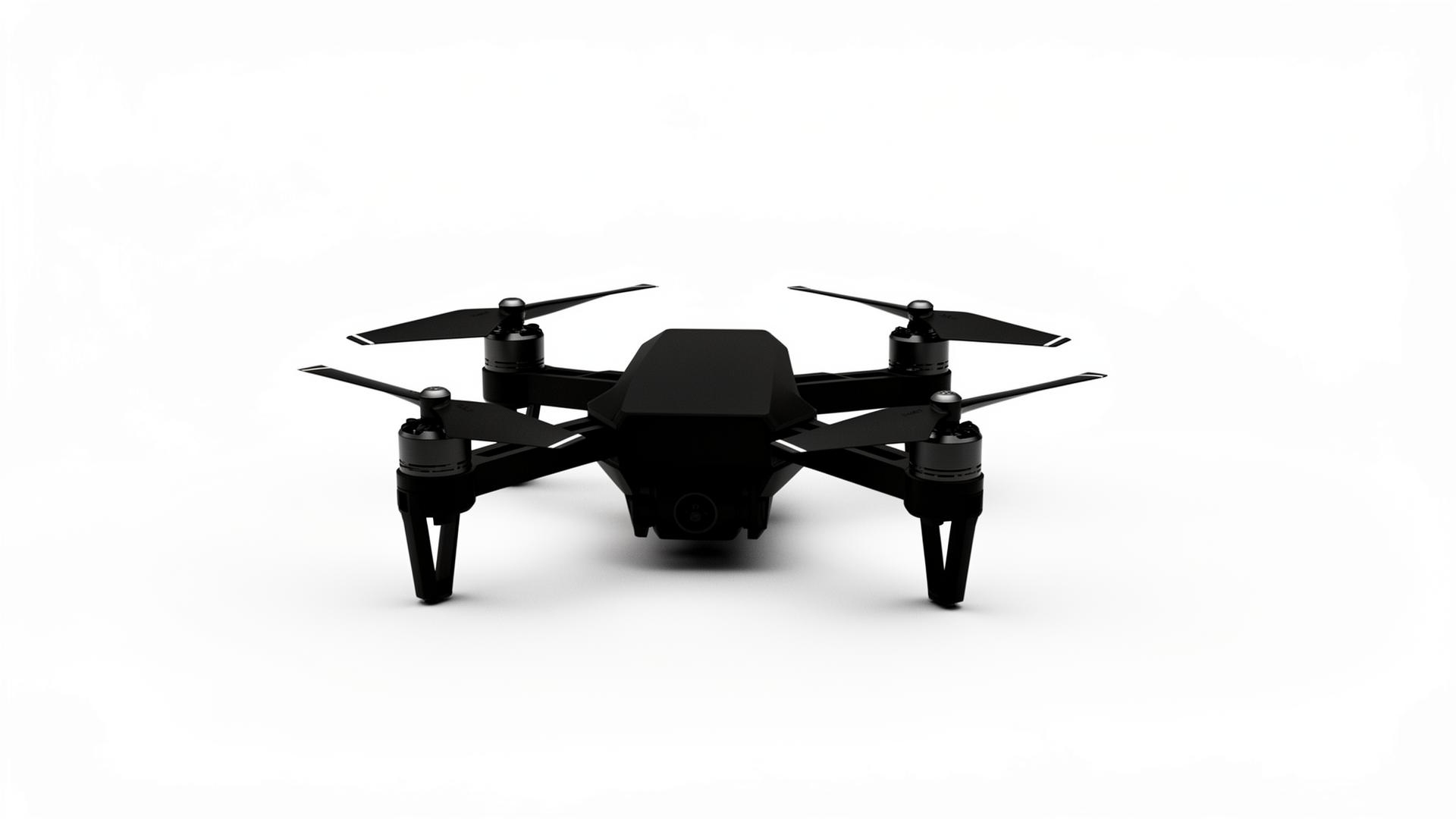 A black mission-ready quadcopter drone on a white background representing autonomous systems tech